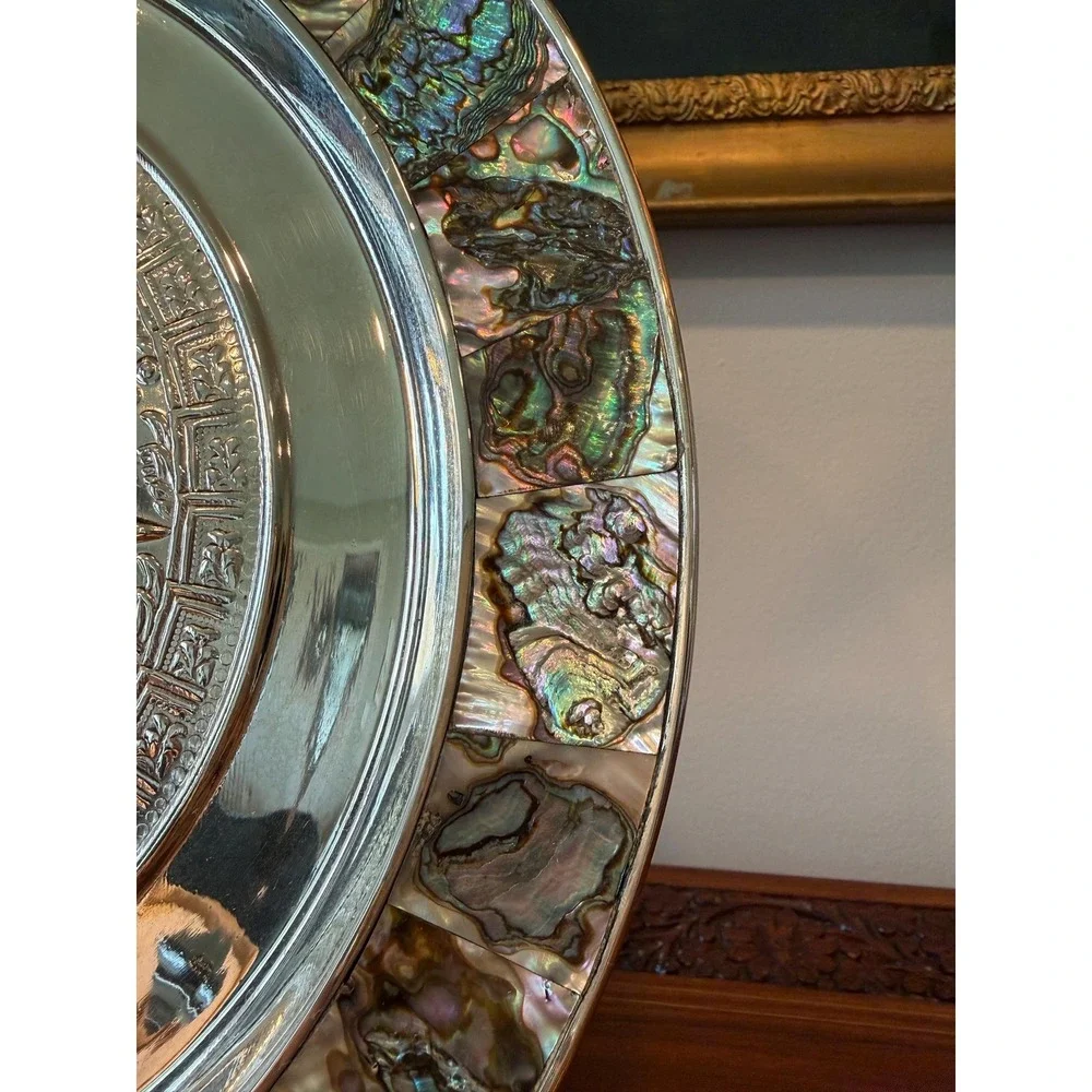 Vintage Aztec Calendar Wall‎ Plate - Alpaca Mexico Silver with Abalone Inlay